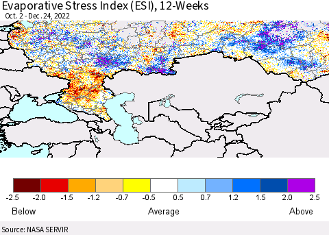 Russian Federation Evaporative Stress Index (ESI), 12-Weeks Thematic Map For 12/19/2022 - 12/25/2022