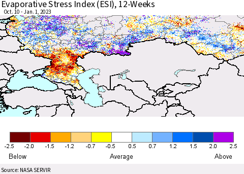 Russian Federation Evaporative Stress Index (ESI), 12-Weeks Thematic Map For 12/26/2022 - 1/1/2023