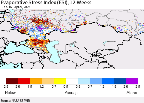 Russian Federation Evaporative Stress Index (ESI), 12-Weeks Thematic Map For 4/3/2023 - 4/9/2023