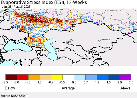 Russian Federation Evaporative Stress Index (ESI), 12-Weeks Thematic Map For 4/10/2023 - 4/16/2023