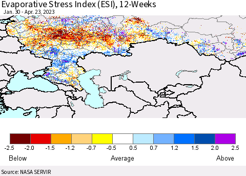 Russian Federation Evaporative Stress Index (ESI), 12-Weeks Thematic Map For 4/17/2023 - 4/23/2023