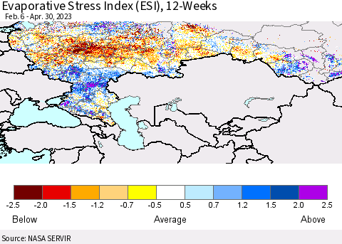 Russian Federation Evaporative Stress Index (ESI), 12-Weeks Thematic Map For 4/24/2023 - 4/30/2023