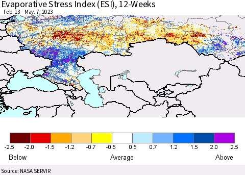Russian Federation Evaporative Stress Index (ESI), 12-Weeks Thematic Map For 5/1/2023 - 5/7/2023