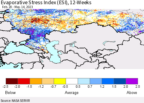 Russian Federation Evaporative Stress Index (ESI), 12-Weeks Thematic Map For 5/8/2023 - 5/14/2023