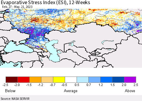 Russian Federation Evaporative Stress Index (ESI), 12-Weeks Thematic Map For 5/15/2023 - 5/21/2023