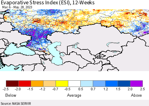 Russian Federation Evaporative Stress Index (ESI), 12-Weeks Thematic Map For 5/22/2023 - 5/28/2023