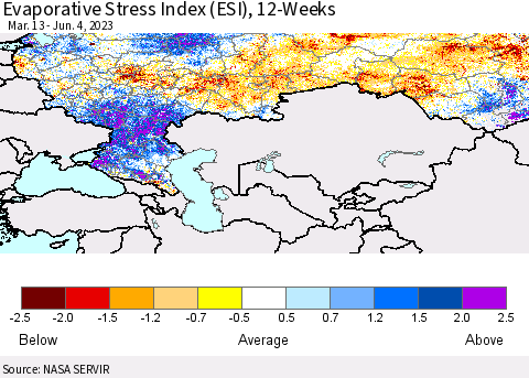 Russian Federation Evaporative Stress Index (ESI), 12-Weeks Thematic Map For 5/29/2023 - 6/4/2023