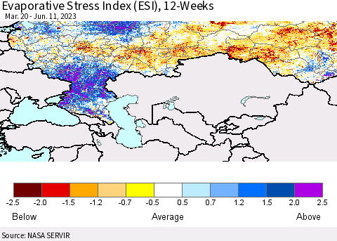 Russian Federation Evaporative Stress Index (ESI), 12-Weeks Thematic Map For 6/5/2023 - 6/11/2023