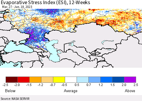 Russian Federation Evaporative Stress Index (ESI), 12-Weeks Thematic Map For 6/12/2023 - 6/18/2023