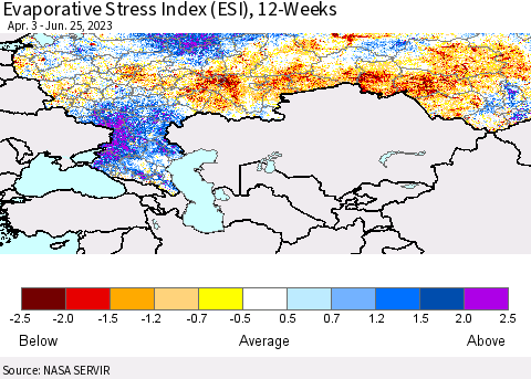 Russian Federation Evaporative Stress Index (ESI), 12-Weeks Thematic Map For 6/19/2023 - 6/25/2023