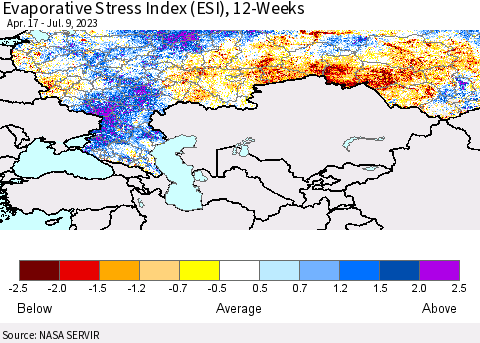 Russian Federation Evaporative Stress Index (ESI), 12-Weeks Thematic Map For 7/3/2023 - 7/9/2023