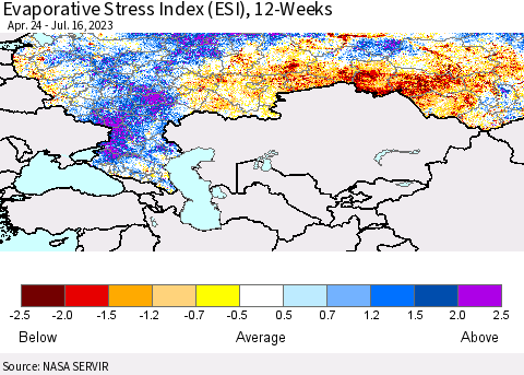 Russian Federation Evaporative Stress Index (ESI), 12-Weeks Thematic Map For 7/10/2023 - 7/16/2023