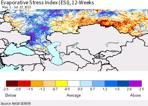 Russian Federation Evaporative Stress Index (ESI), 12-Weeks Thematic Map For 7/17/2023 - 7/23/2023