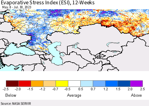 Russian Federation Evaporative Stress Index (ESI), 12-Weeks Thematic Map For 7/24/2023 - 7/30/2023