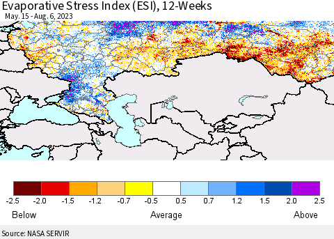 Russian Federation Evaporative Stress Index (ESI), 12-Weeks Thematic Map For 7/31/2023 - 8/6/2023