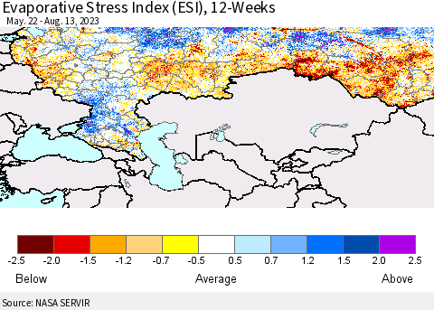 Russian Federation Evaporative Stress Index (ESI), 12-Weeks Thematic Map For 8/7/2023 - 8/13/2023