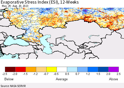 Russian Federation Evaporative Stress Index (ESI), 12-Weeks Thematic Map For 8/14/2023 - 8/20/2023