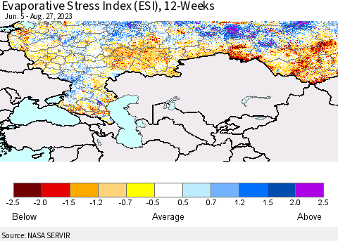 Russian Federation Evaporative Stress Index (ESI), 12-Weeks Thematic Map For 8/21/2023 - 8/27/2023