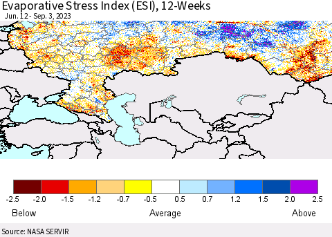 Russian Federation Evaporative Stress Index (ESI), 12-Weeks Thematic Map For 8/28/2023 - 9/3/2023