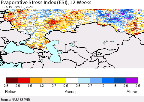 Russian Federation Evaporative Stress Index (ESI), 12-Weeks Thematic Map For 9/4/2023 - 9/10/2023