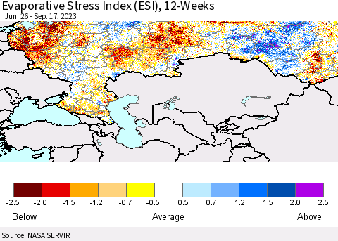 Russian Federation Evaporative Stress Index (ESI), 12-Weeks Thematic Map For 9/11/2023 - 9/17/2023