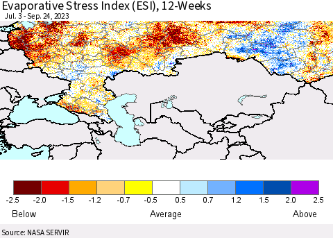 Russian Federation Evaporative Stress Index (ESI), 12-Weeks Thematic Map For 9/18/2023 - 9/24/2023