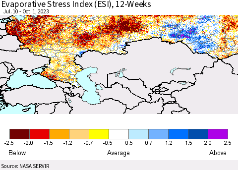 Russian Federation Evaporative Stress Index (ESI), 12-Weeks Thematic Map For 9/25/2023 - 10/1/2023