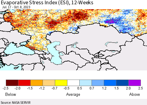 Russian Federation Evaporative Stress Index (ESI), 12-Weeks Thematic Map For 10/2/2023 - 10/8/2023