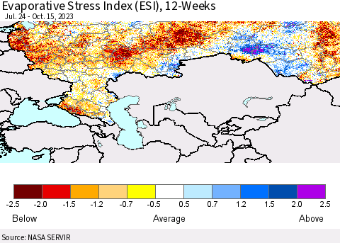 Russian Federation Evaporative Stress Index (ESI), 12-Weeks Thematic Map For 10/9/2023 - 10/15/2023