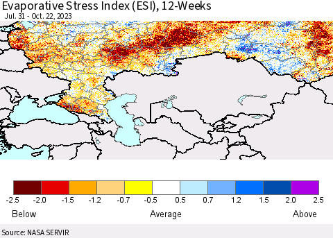 Russian Federation Evaporative Stress Index (ESI), 12-Weeks Thematic Map For 10/16/2023 - 10/22/2023