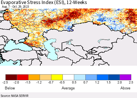 Russian Federation Evaporative Stress Index (ESI), 12-Weeks Thematic Map For 10/23/2023 - 10/29/2023