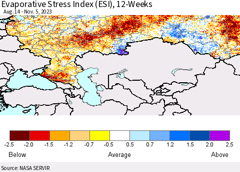 Russian Federation Evaporative Stress Index (ESI), 12-Weeks Thematic Map For 10/30/2023 - 11/5/2023