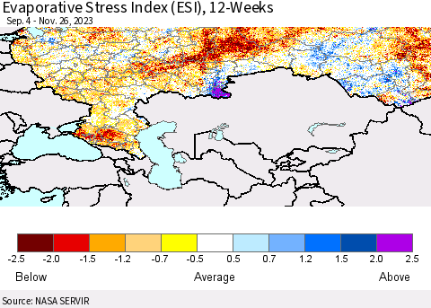 Russian Federation Evaporative Stress Index (ESI), 12-Weeks Thematic Map For 11/20/2023 - 11/26/2023