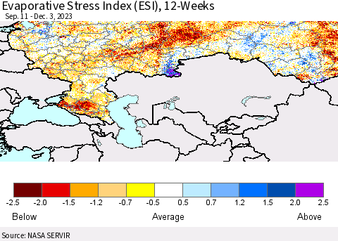 Russian Federation Evaporative Stress Index (ESI), 12-Weeks Thematic Map For 11/27/2023 - 12/3/2023