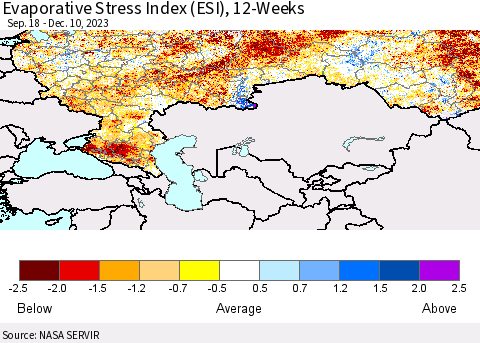 Russian Federation Evaporative Stress Index (ESI), 12-Weeks Thematic Map For 12/4/2023 - 12/10/2023