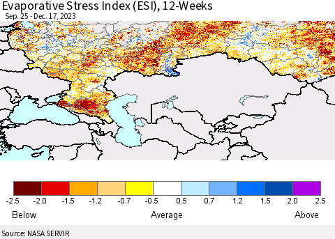 Russian Federation Evaporative Stress Index (ESI), 12-Weeks Thematic Map For 12/11/2023 - 12/17/2023
