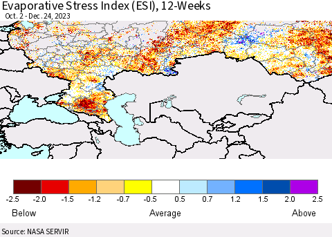 Russian Federation Evaporative Stress Index (ESI), 12-Weeks Thematic Map For 12/18/2023 - 12/24/2023