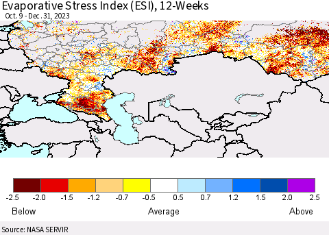 Russian Federation Evaporative Stress Index (ESI), 12-Weeks Thematic Map For 12/25/2023 - 12/31/2023
