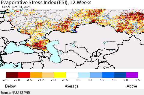 Russian Federation Evaporative Stress Index (ESI), 12-Weeks Thematic Map For 1/1/2024 - 1/7/2024