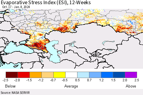 Russian Federation Evaporative Stress Index (ESI), 12-Weeks Thematic Map For 1/8/2024 - 1/14/2024