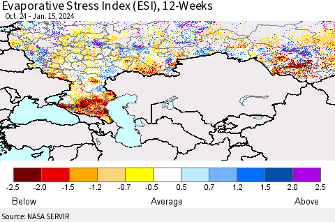 Russian Federation Evaporative Stress Index (ESI), 12-Weeks Thematic Map For 1/15/2024 - 1/21/2024