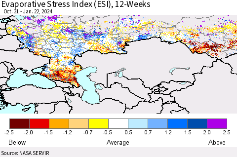 Russian Federation Evaporative Stress Index (ESI), 12-Weeks Thematic Map For 1/22/2024 - 1/28/2024
