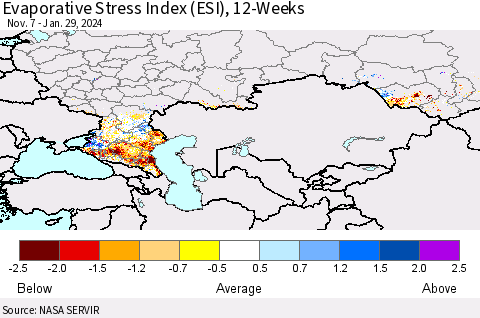 Russian Federation Evaporative Stress Index (ESI), 12-Weeks Thematic Map For 1/29/2024 - 2/4/2024