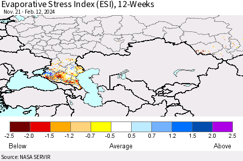 Russian Federation Evaporative Stress Index (ESI), 12-Weeks Thematic Map For 2/12/2024 - 2/18/2024
