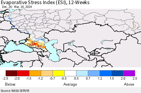 Russian Federation Evaporative Stress Index (ESI), 12-Weeks Thematic Map For 3/18/2024 - 3/24/2024