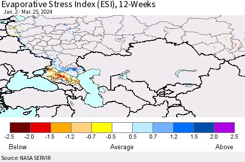 Russian Federation Evaporative Stress Index (ESI), 12-Weeks Thematic Map For 3/25/2024 - 3/31/2024