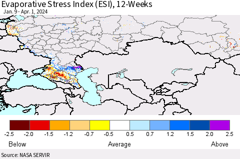 Russian Federation Evaporative Stress Index (ESI), 12-Weeks Thematic Map For 4/1/2024 - 4/7/2024