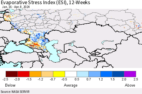 Russian Federation Evaporative Stress Index (ESI), 12-Weeks Thematic Map For 4/8/2024 - 4/14/2024