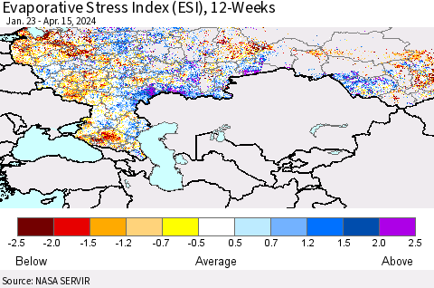 Russian Federation Evaporative Stress Index (ESI), 12-Weeks Thematic Map For 4/15/2024 - 4/21/2024