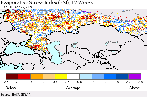 Russian Federation Evaporative Stress Index (ESI), 12-Weeks Thematic Map For 4/22/2024 - 4/28/2024